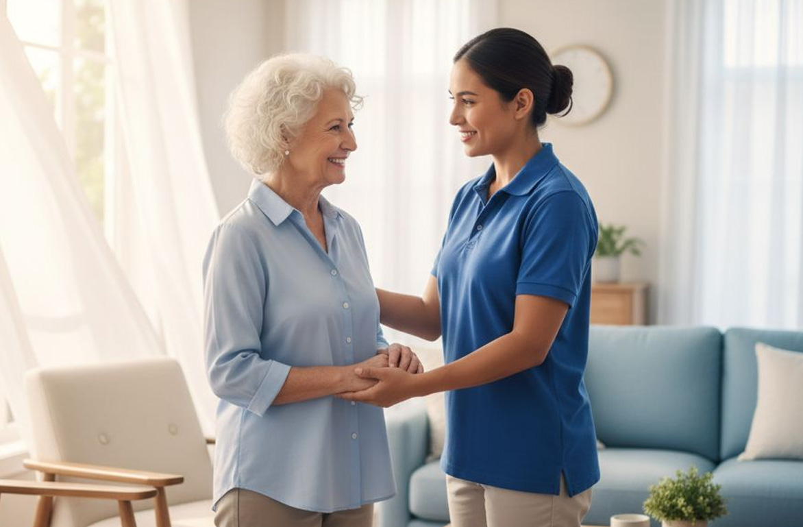 Caregiver supporting an older adult at home